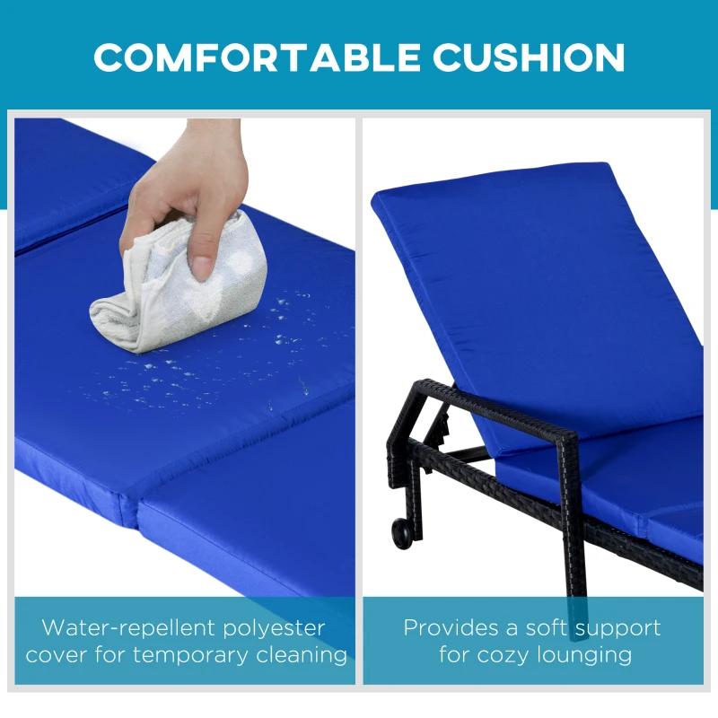 Outsunny Wicker Chaise Lounger PE Rattan Outdoor Lounge Chair Garden Chair Recliner with 5-Level Adjustable Backrest and 2 Wheels, Dark Blue