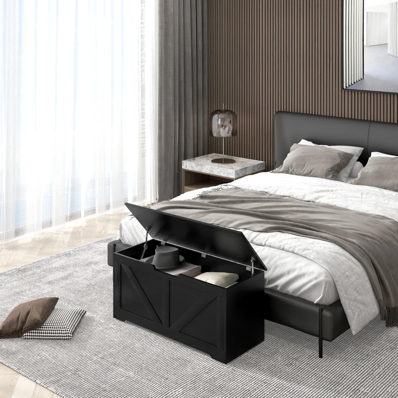 HOMCOM 39.4 Inches Storage Chest, Storage Trunk with 2 Safety Hinges, Wooden Box for Living Room, Black Wood Grain