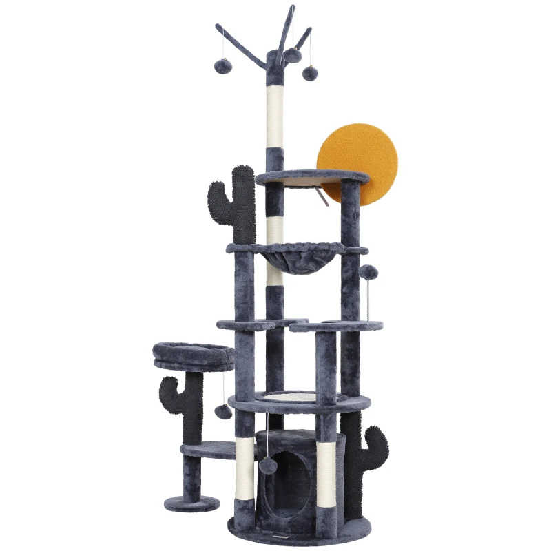 PawHut 71" Cat Tree, Cat Tower with Scratching Posts, Sisal Pad, Cat Condo, Bed, Hammock, Platforms, Toy Balls, Dark Grey