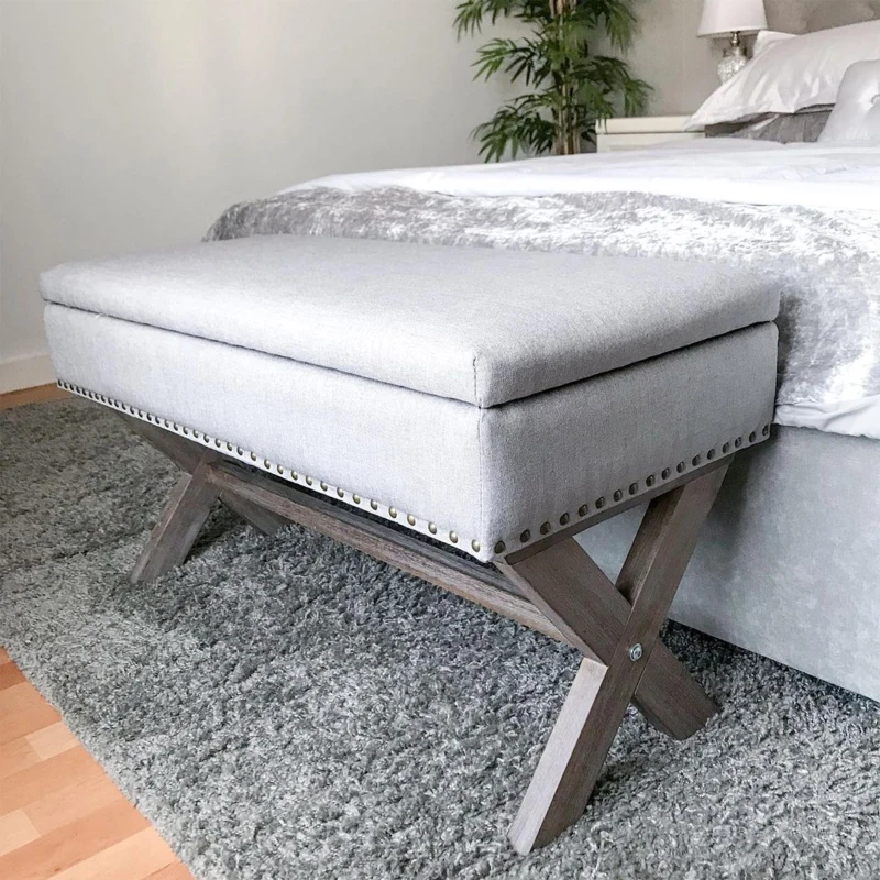 HOMCOM 35.75" Storage Ottoman, Upholstered Storage Bench with Hidden Space, Nailhead Trim and X-Shaped Wood Legs, for Living Room, Entryway, Bedroom, Grey