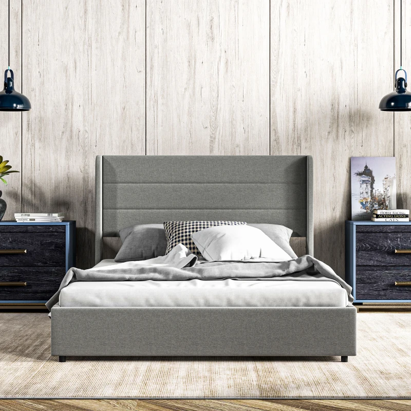 HOMCOM Full Bed Frame with Storage Drawers, Full Size Bed Base with Headboard, Wood Slats, Noise-Free, Light Gray