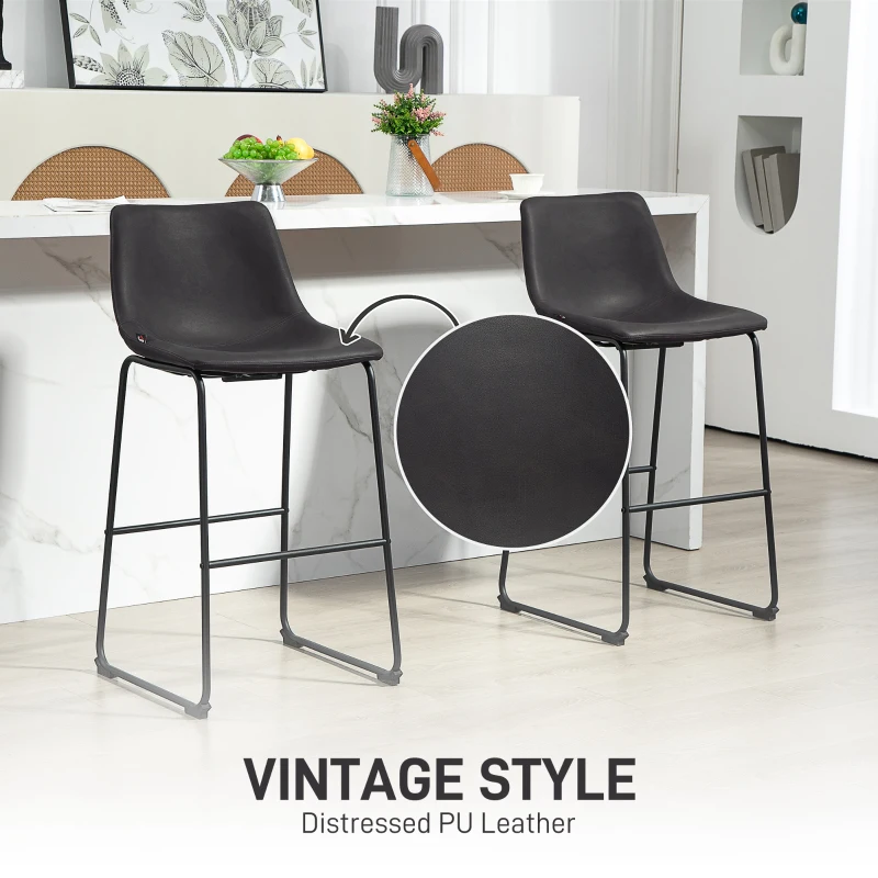 HOMCOM Counter Height Bar Stools Set of 2, Vintage PU Leather Bar Chairs, Kitchen Stool with Footrest, Dark Brown