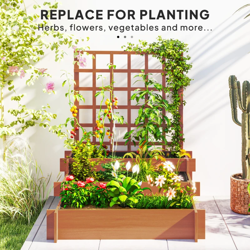 Outsunny Wooden Elevated Planter Box with Trellis for Climbing Plants, 3 Tier Raised Garden Bed for Garden, Outdoor, Brown