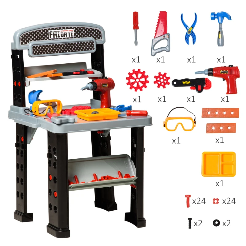 Qaba 2 in 1 Kids Workbench 79 Pcs Construction Playset Toy with Battery-Powered Drill, Hammer, Saw, Storage Tray for Ages 3+, Black and Gray