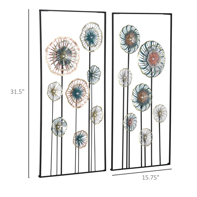 HOMCOM 3D Metal Wall Art Set of 2 Modern Flower Hanging Wall Sculpture Home Decor for Living Room Bedroom Kitchen 16"x32"x2, Blue Silver Gold