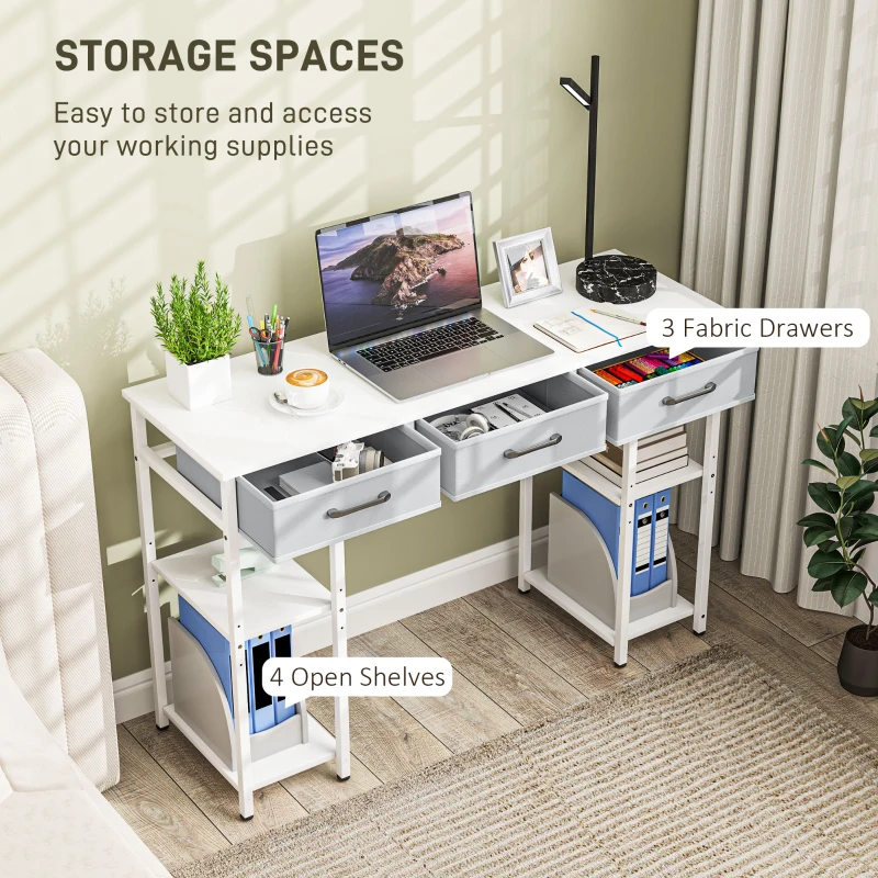 HOMCOM 47" Small Computer Desk, Writing Desk with Fabric Drawers, Home Office Desk with Adjustable Shelves, White