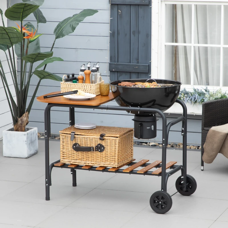 Outsunny Charcoal Grill BBQ, 21-Inch Rolling Backyard Barbecue with Chopping Block Table, a Cutting Board, Shelf, Wheels, Vents & Thermometer, Black