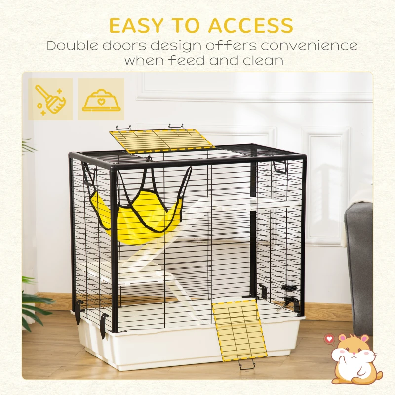 PawHut Small Animal Cage Habitat Indoor Pet Play House for Guinea Pigs Ferrets Chinchillas, With Accessories Hammock Water Bottle Balcony Ramp Food Dish, 31.5", Yellow