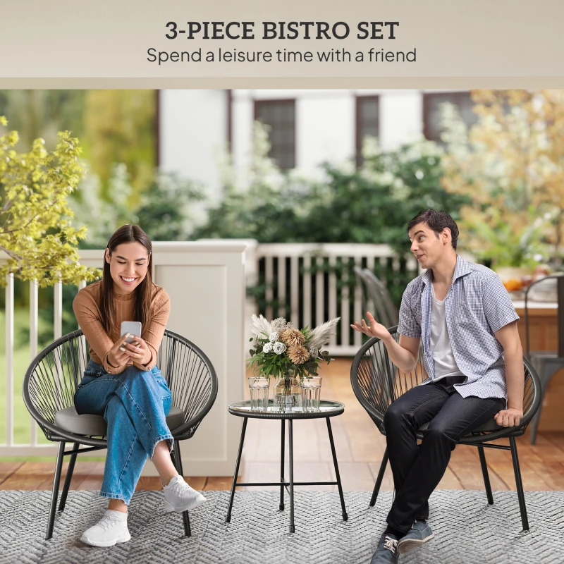 Outsunny 3 Piece Wicker Patio Furniture Set with Soft Seat Cushions, Tempered Glass Tabletop, Bistro Set for Garden, Black