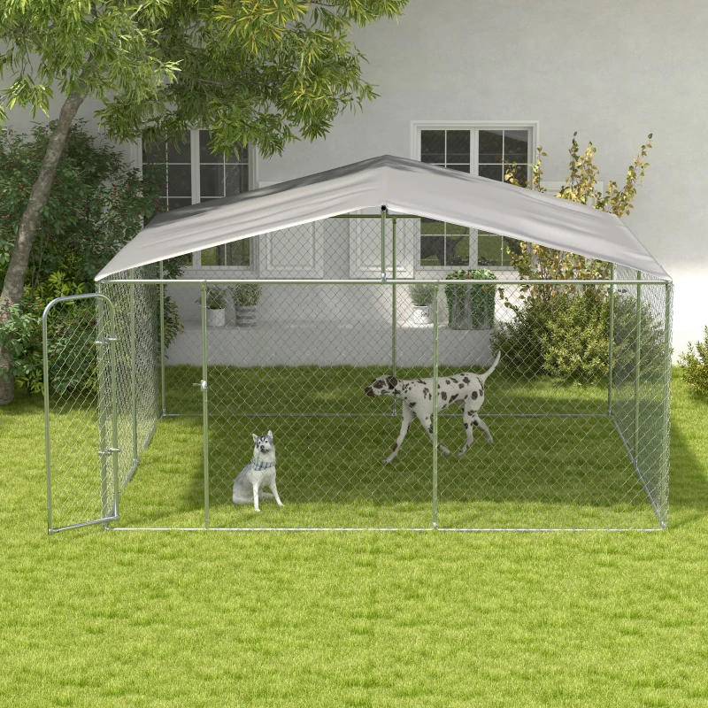 PawHut Dog Kennel Outdoor, Heavy Duty Playpen with Secure Lock, Cover, for Backyard & Patio, 13.1' x 13.1' x 7.5'