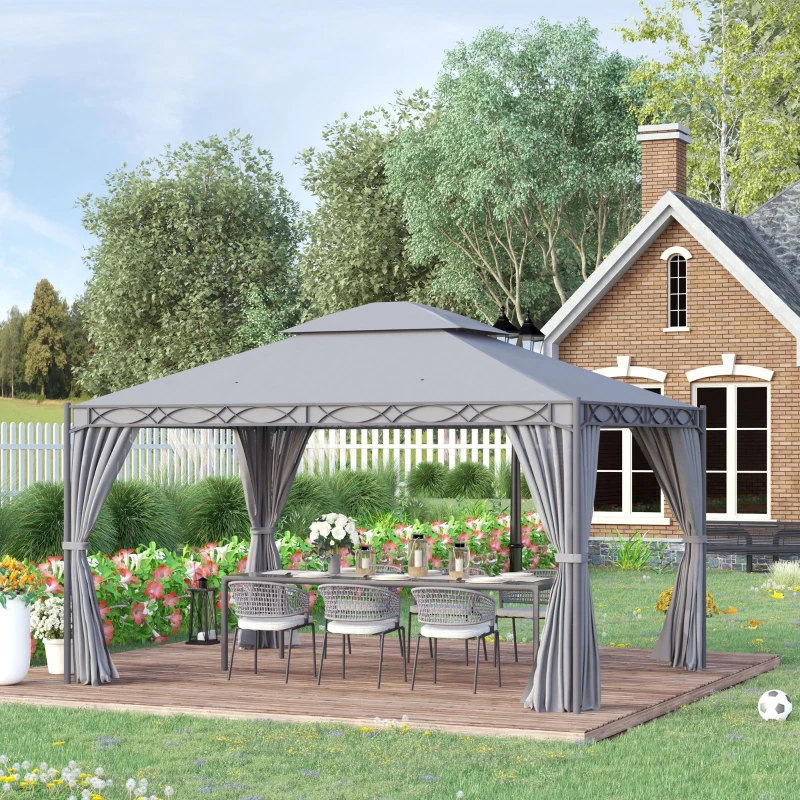 Outsunny 10'x13' Soft-top Patio Gazebo Double-Tiered covered Steel Gazebo with Curtain, Grey