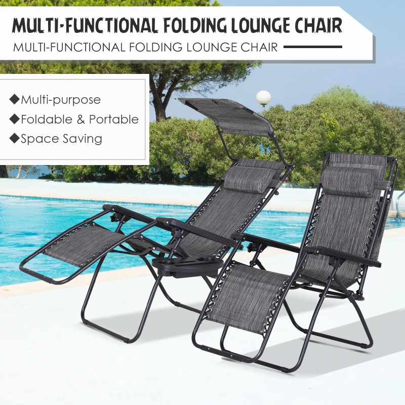Outsunny 2 Piece Foldable Lounge Chair with Canopy Shade, Outdoor Zero Gravity Chair w/ Side Tray & Cup Holder, Reclining Lounger w/ Breathable Mesh Fabric Seat, Pillow, Dark Grey