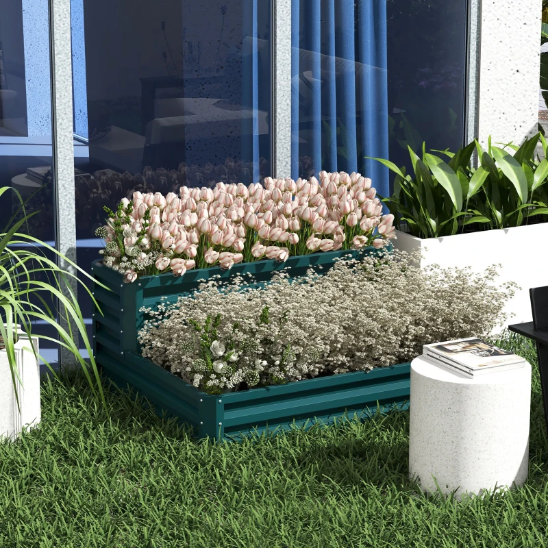 Outsunny 2 Tier Galvanized Raised Garden Bed, Steel Planter Box for Vegetables, Flowers, Herbs, 47" x 40" x 23", Green