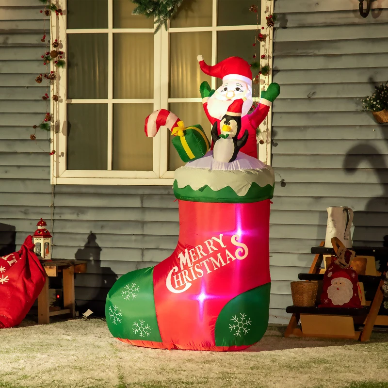 Outsunny 5ft Christmas Inflatables Outdoor Decorations Santa and Penguin Standing in Sock with Candy Cane Gift Box, Blow-Up LED Yard Christmas Decor for Lawn Garden Party