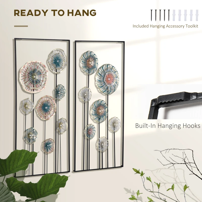 HOMCOM 3D Metal Wall Art Set of 2 Modern Flower Hanging Wall Sculpture Home Decor for Living Room Bedroom Kitchen 16"x32"x2, Blue Silver Gold