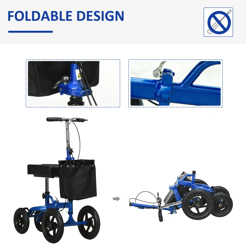 HOMCOM Knee Scooter with Basket, Dual Braking System and 10" All Terrain Wheels, Steerable Knee Walker with Adjustable Height, Foldable Crutch Alternative for Ankle and Foot Injuries, Blue