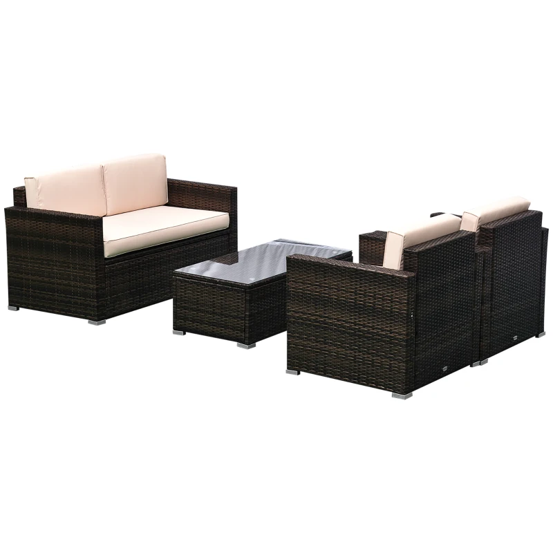 Outsunny 4 Piece Wicker Patio Furniture Set with Cushions, Outdoor Sectional Furniture with 2 Sofa, Loveseat, and Glass Top Coffee Table, Conversation Sofa Sets for Garden, Beige