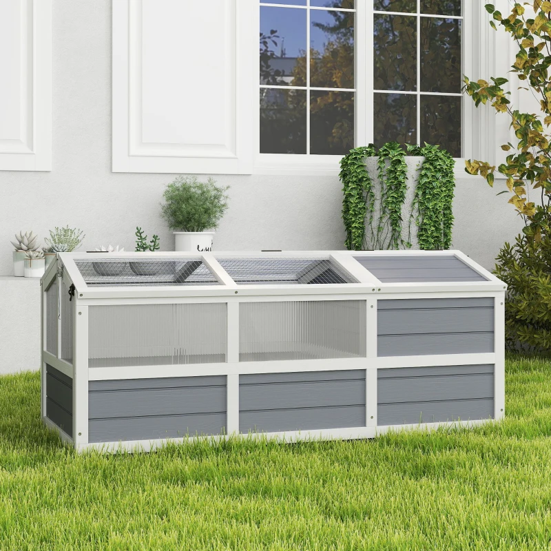 PawHut Wooden Tortoise Habitat Outdoor w/ Bottomless Design, Doors, PC Sun Panel Windows, for Small Animals, Rabbit, Light Gray