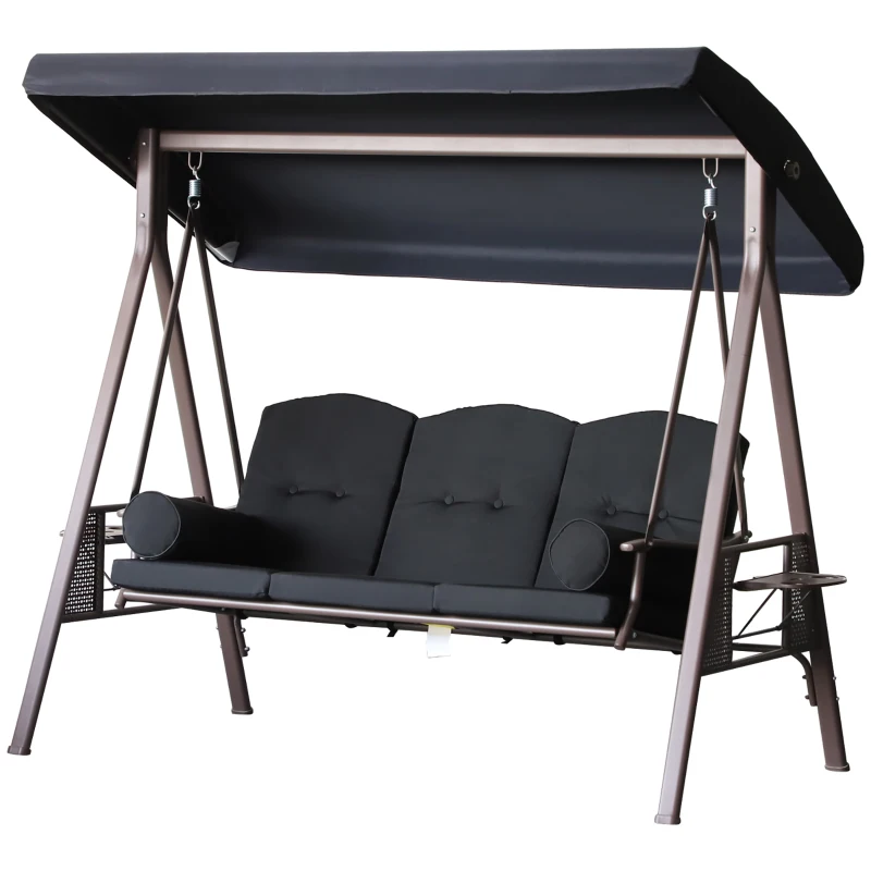 Outsunny Outdoor Patio 3-Person Steel Canopy Cushioned Seat Bench Swing with Included Side Trays & Padded Comfort, Black