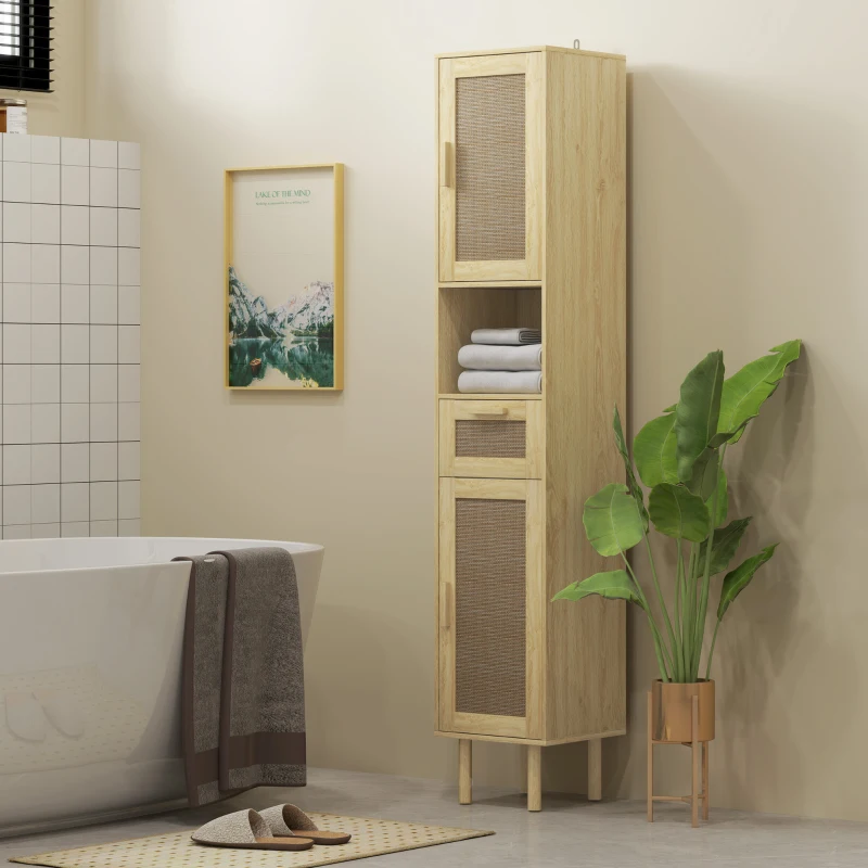 HOMCOM Tall Bathroom Cabinet with Rattan Doors, Freestanding Bathroom Storage Cabinet with Adjustable Shelves, Distressed Oak