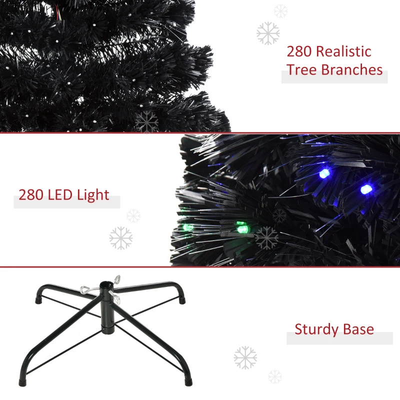 HOMCOM 7ft Prelit Artificial Christmas Tree with LED Lights, Multicolored Fiber Optics and Realistic Branch Tips, Black