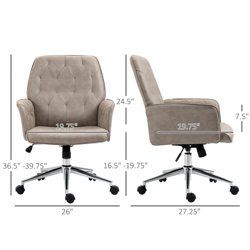 Vinsetto Microfiber Home Office Chair, Tufted Height Adjustable Computer Desk Chair with Swivel Wheels and Padded Armrests, Light Gray