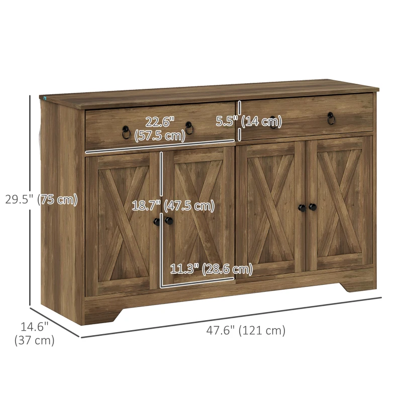 HOMCOM Sideboard Cabinet with 2 Drawers, 4 Barn Doors and 2 Adjustable Shelves, Buffet Table for Living Room, Light Brown