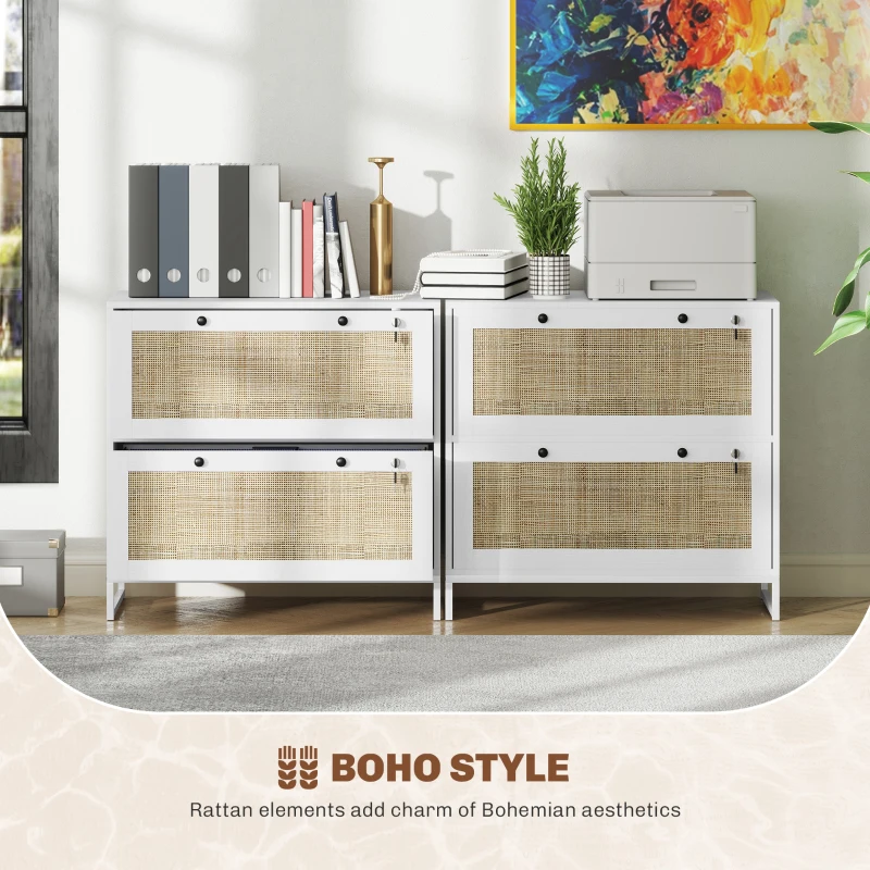 Vinsetto 2-Drawer Filing Cabinet with Lock, Rattan File Cabinet with Adjustable Hanging Bar, White