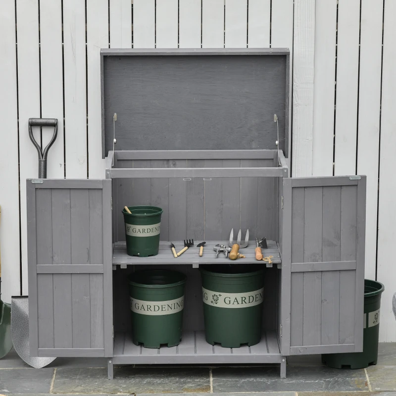 Outsunny Wooden Garden Tool Storage Shed Kit with Hinged Roof, 2-Tier Shelves and Double Doors, 74x43x88cm, Dark Grey