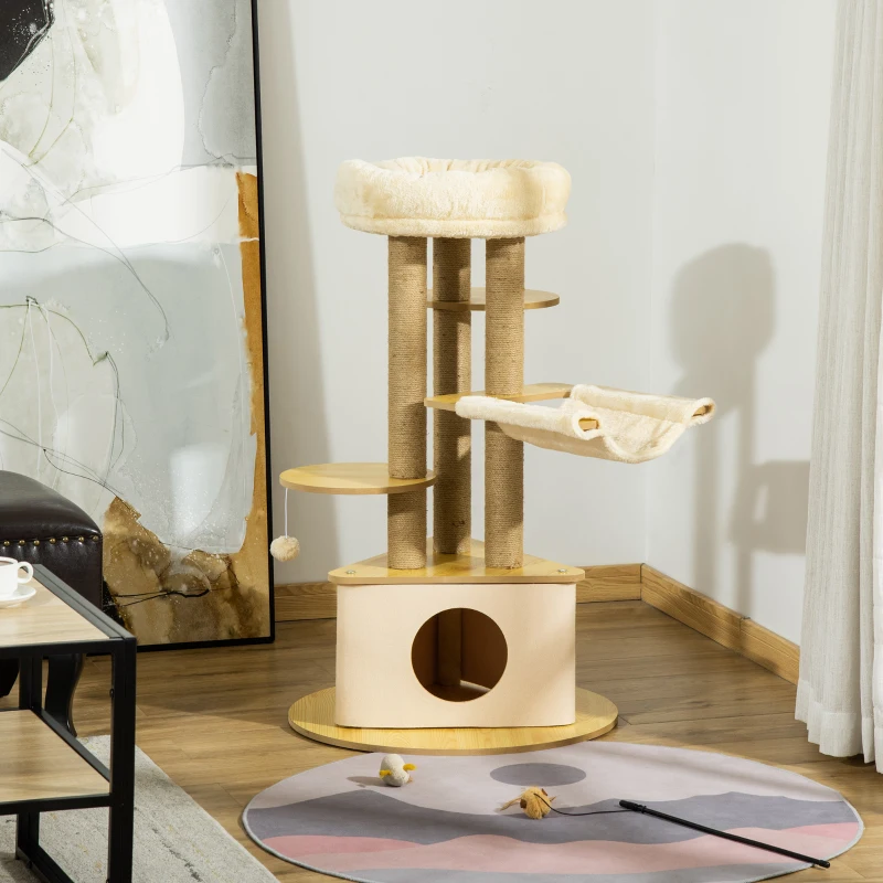 PawHut Cat Tree Tower Multi-Level Kitten House with Scratching Post Condo Hammock Bed Ball Toy - 23.5 x 23.5 x 39 Inches, Yellow