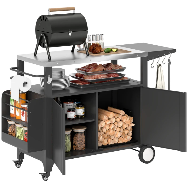 Outsunny Outdoor Grill Cart with Foldable Side Table, Stainless Steel Tabletop, Pizza Oven Stand with Storage Rack, Wheels