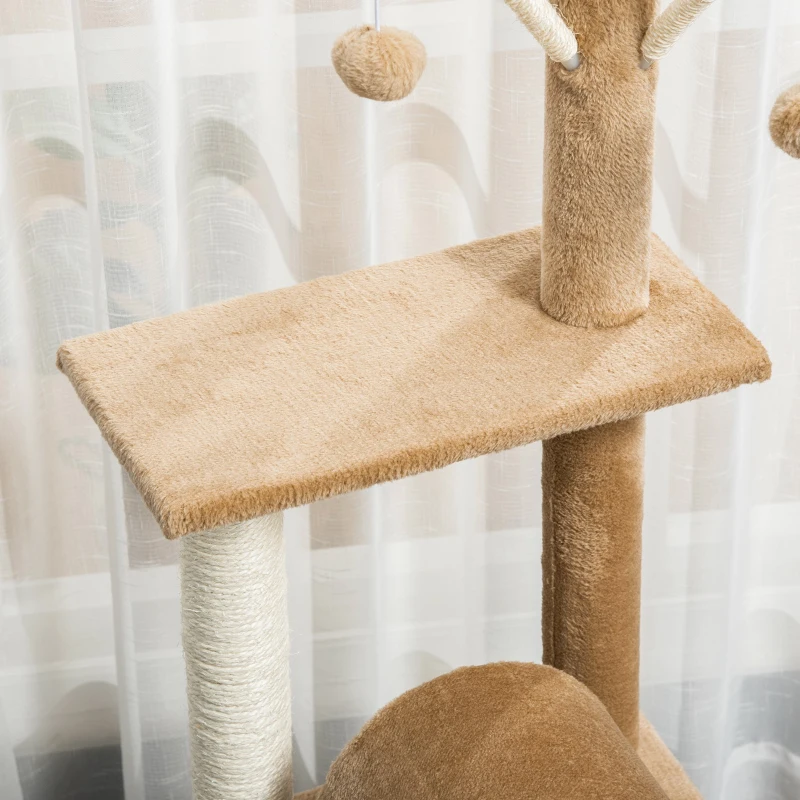 PawHut Cat Tree for Indoor Cats Cat Condo Kitty Tower with Scratching Post, Elevated Fun Cat Beds, Tunnel, Cat String Toys, 16" x 16" x 48", Light Brown