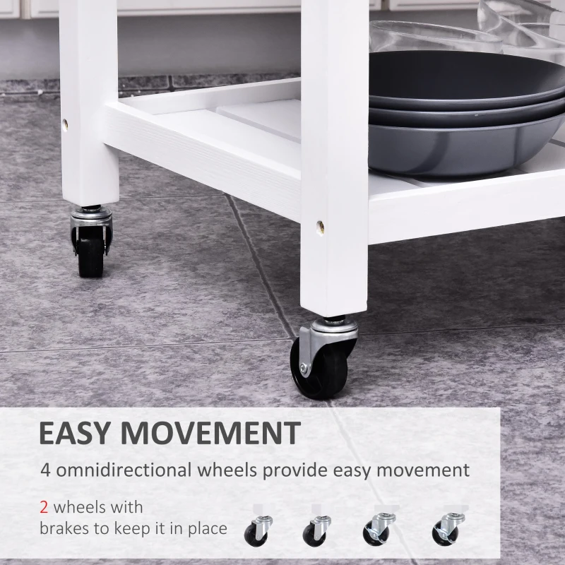 HOMCOM Kitchen Storage Cabinet Trolley Serving Cart Rubber Wood top Rolling Kitchen Island with Towel Rack and Drawer White