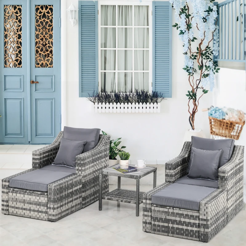 Outsunny 5-Piece Patio Furniture Set Outdoor Rattan Wicker Conversation Set with 2 Cushioned Chairs, 2 Ottomans and Coffee Table, Grey