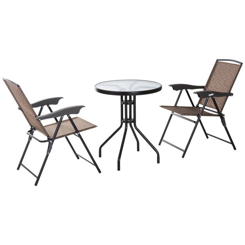 Outsunny Folding Outdoor Bistro Set, Patio Table and Chairs with Reclining Backrest and Round Dining Table, Brown