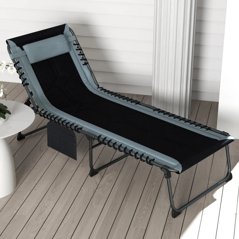 Outsunny Folding Chaise Lounge w/ 5-level Reclining Back, Outdoor Tanning Chair Lounge Chair w/ Padded Seat, Side Pocket, Headrest, Carry Strap, for Beach, Yard, Patio, Black