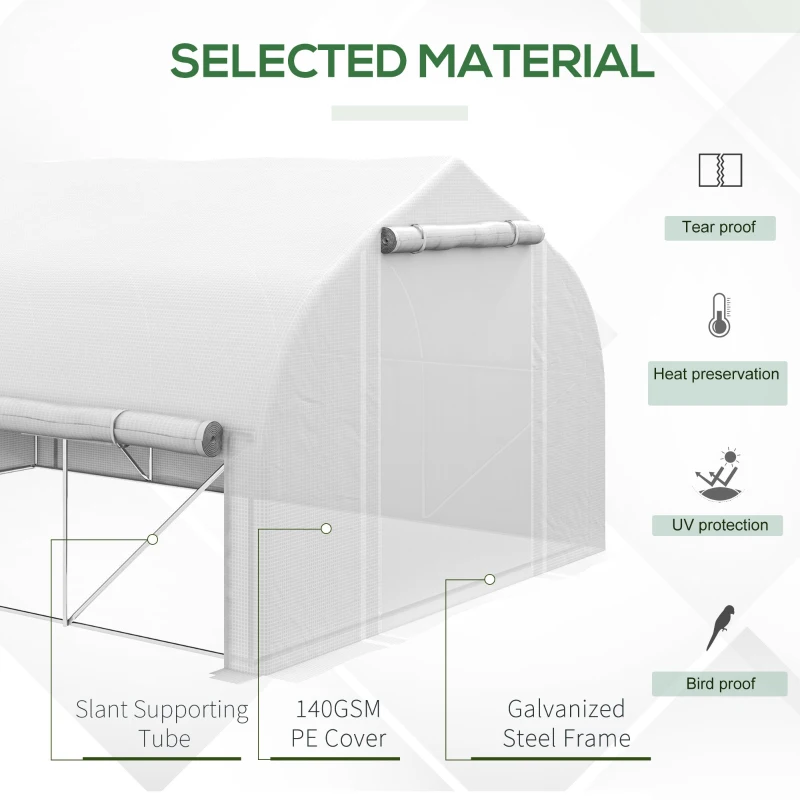 Outsunny 13 x 9.8ft Walk-in Polytunnel Greenhouse, Zipped Roll Up Sidewalls, Mesh Door, 8 Mesh Windows, Tunnel Warm House Tent with PE Cover, Plant Labels and Gloves, White