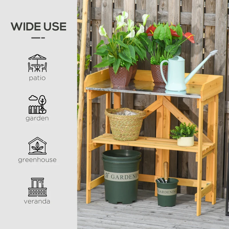 Outsunny Outdoor Garden Potting Bench Table Foldable Work Bench w/ Open Shelf Metal Tabletop Natural Wood Frame 33.5"x17.25"x35" Yellow