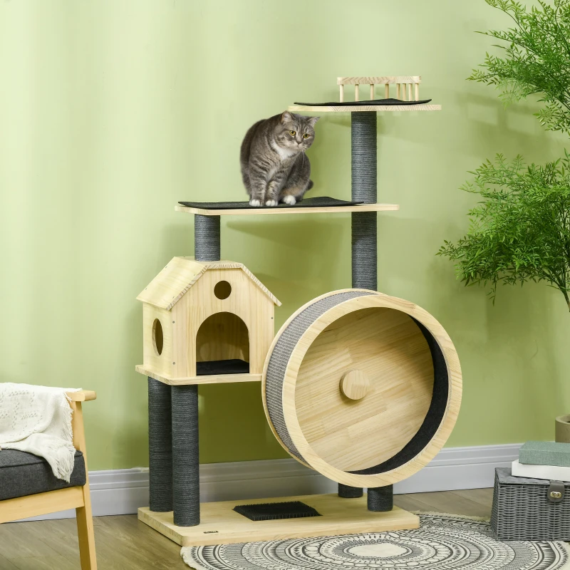 PawHut 56" Cat Tree Activity Condo Luxury Pine Wood  with Hamster-Wheel, Sisal Scratching Posts, Elevated Perches, & Roomy Interior