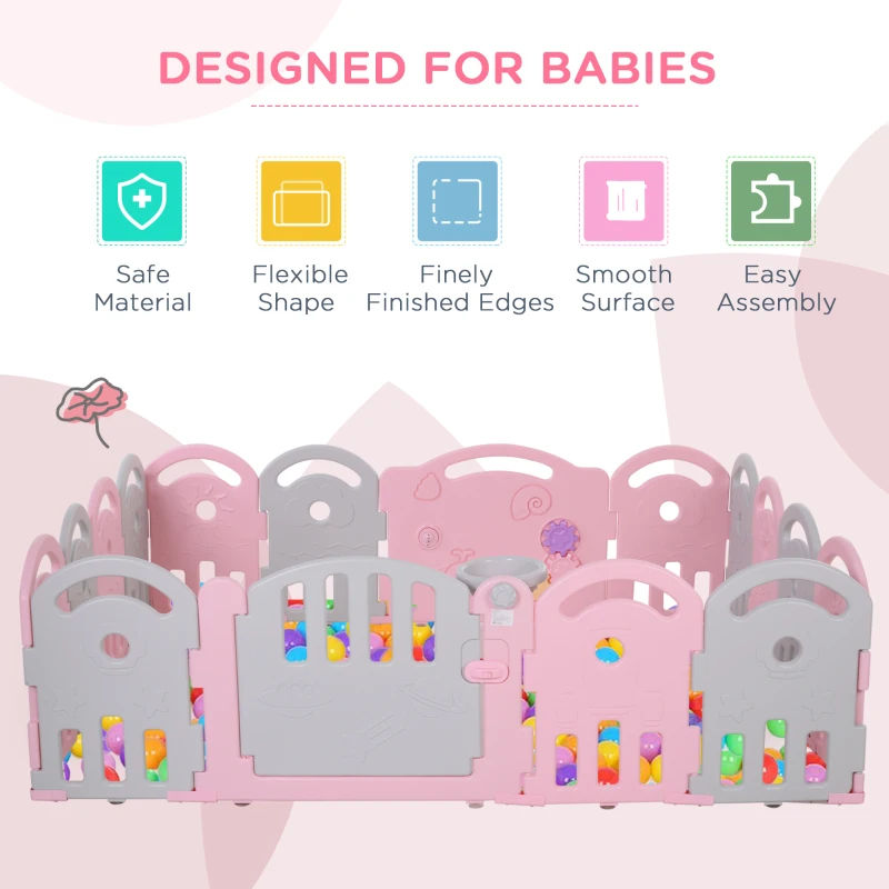Qaba Baby Enclosure, 16 Panels Baby Playpen Baby Play Yard, Indoor & Outdoor Kids Activity Center, Pink