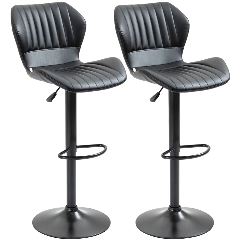 HOMCOM Shell Back Bar Stool Set of 2, PU Leather Adjustable Swivel Barstools with Chrome Base and Footrest for Kitchen Counter, Pub, Black