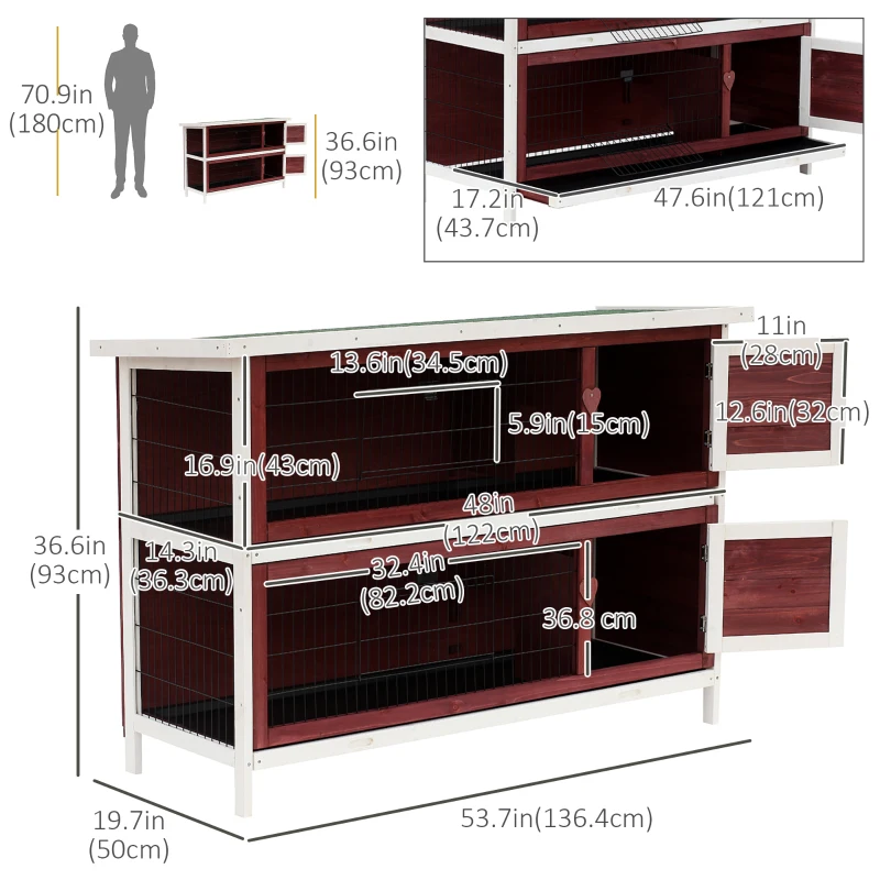 PawHut 2 Tier Wooden Rabbit Hutch Indoor Outdoor, Elevated Bunny Cage w/ Run and Tray for Guniea Pigs Small Animal