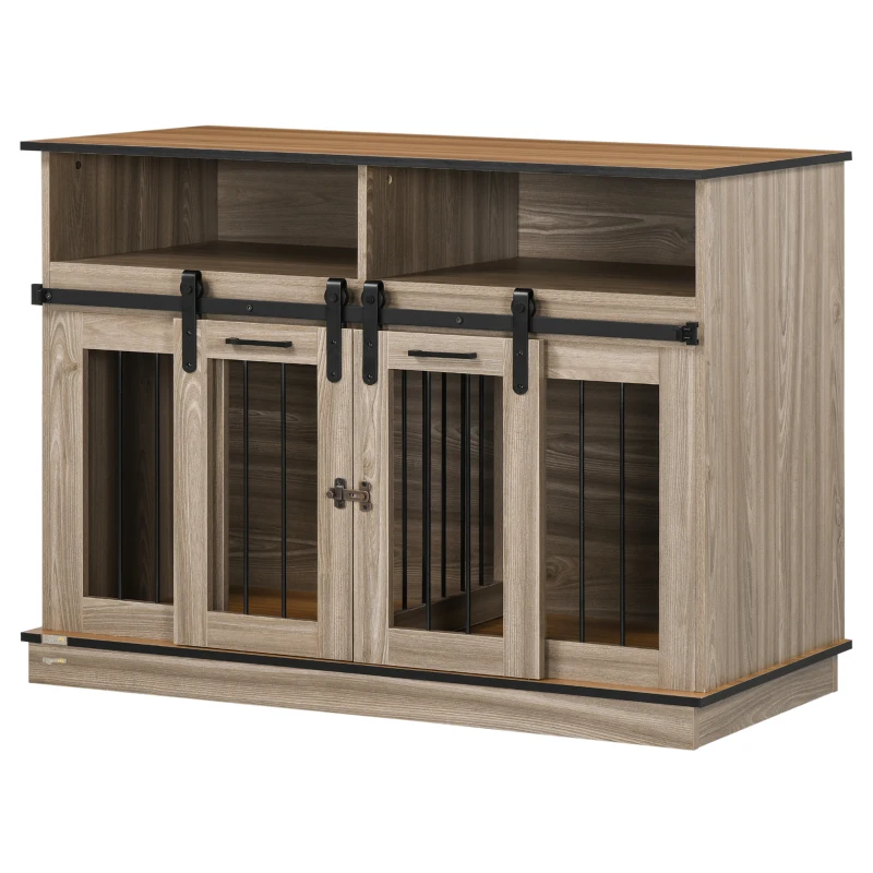 PawHut Dog Crate Furniture for Large Small Dogs, Double Dog Kennel, Oak