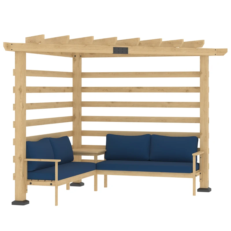Outsunny 9' x 9' Corner Pergola with Conversation Set and Cushions, Fir Wood Outdoor Pergola with End Table, Natural and Blue