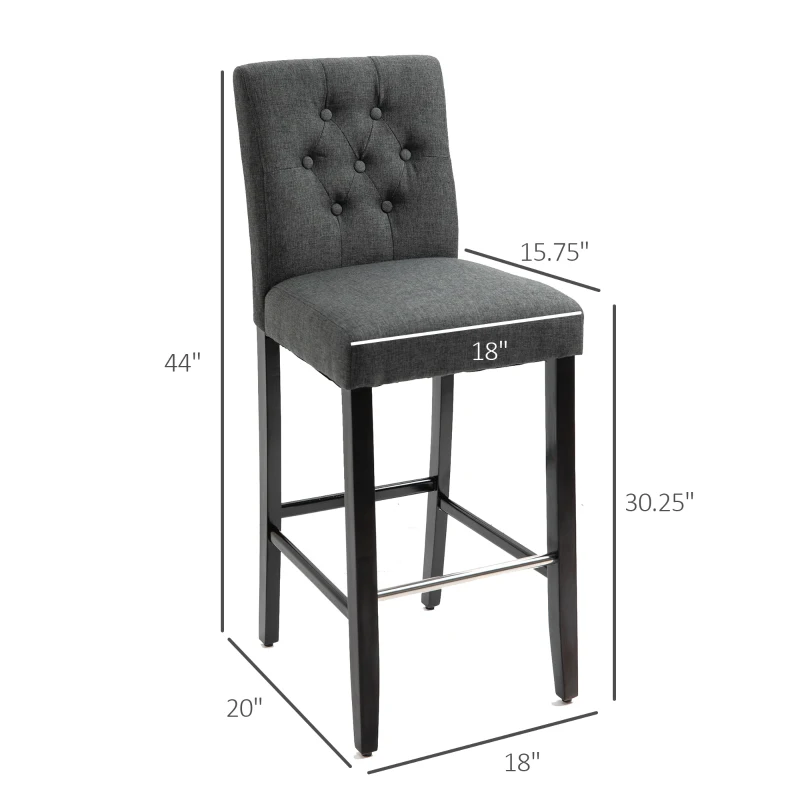 HOMCOM 2 Piece Bar Height Barstools, 30 Inches Linen Upholstered Breakfast Stools, Bar Chairs with Back, Footrest and Solid Wood Leg, Armless Seat for Kitchen, Dining Room, Grey