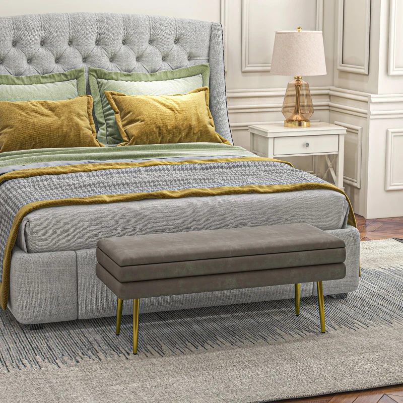 HOMCOM 39" Storage Ottoman, Velvet End of Bed Bench with Steel Legs, Foot Stool with Storage for Bedroom, Living Room, Beige