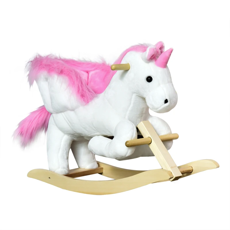 Qaba Baby Rocking Horse, Plush Animal Rocker for Toddlers Aged 18-36 Months, Stuffed Ride Toy with Sounds, Seat Belt, White and Pink