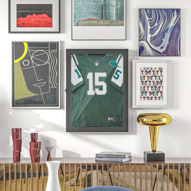 HOMCOM 24" x 32" Jersey Display Case, Wall-Mounted Memorabilia Acrylic Shadow Box with and Hanger, Cherry Brown