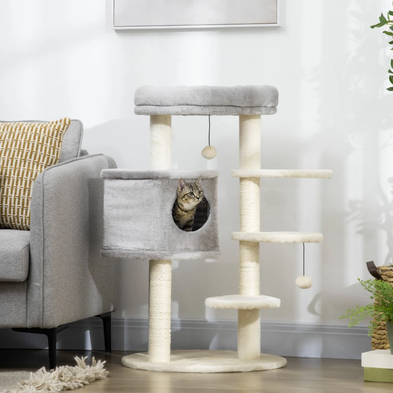 PawHut 37" Cat Tree for Indoor Cats, Cat Tower, Kitty Activity Center with Cat Bed Condo Hanging Ball Toys Sisal Rope Scratching Post, Light Grey