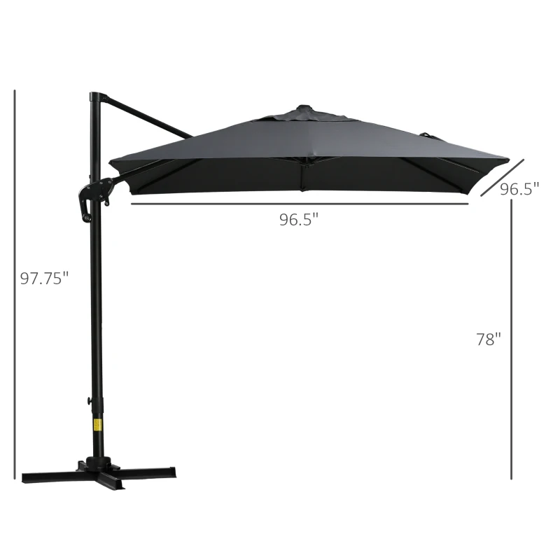 Outsunny 8FT Cantilever Patio Umbrella, Square Outdoor Offset Umbrella with 360° Rotation, Aluminum Hanging Umbrella with 3-Position Tilt, Crank & Cross Base for Garden, Dark Gray